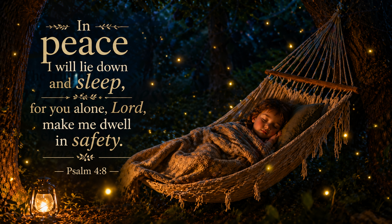 Bible verse wallpaper Psalm 4:8 with child asleep in hammock between trees surrounded by fireflies at night